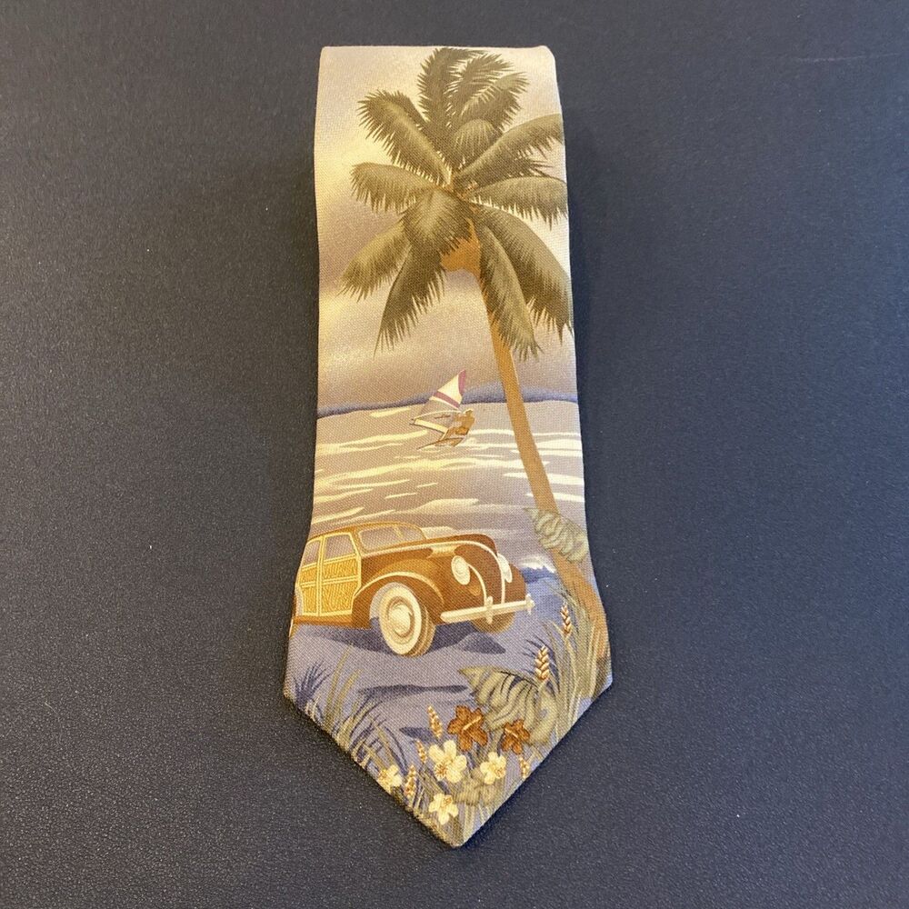 Caribbean Tie Tan With Palm Trees Man Wind Surfing  Old Wood Panel Car 100% Silk